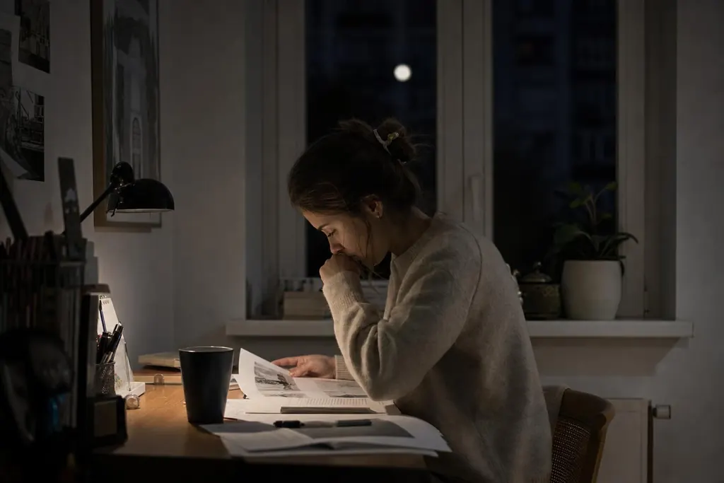 A woman reading a printed spread under a desk lamp at night, a night skyline in the window behind her